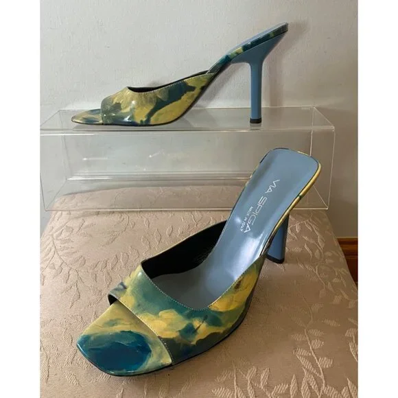 Via Spiga Open-Toe Mules Yellow & Blue Abstract Pattern Shoes Heels Size 10 - Picture 2 of 9
